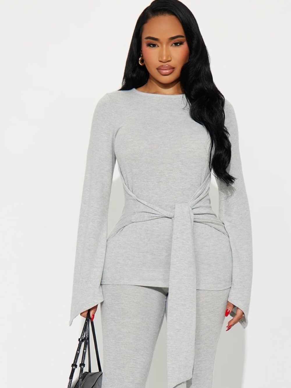 Current Mood Tie Waist Pant Set - Heather Grey